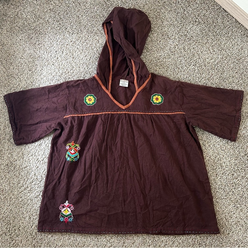 Sacred Threads Brown Embroidered Hood Garment Orange Trim Stitch Womens Size XL
